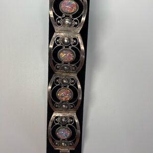 Vintage Mexican Sterling Silver Fire Opal Glass Hinged Bracelet RJR